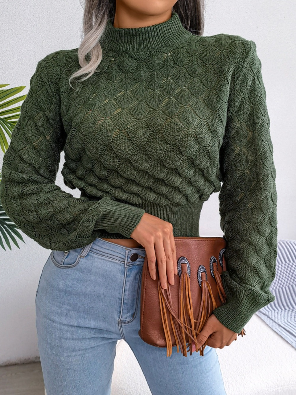 Mock Neck Textured Cropped Sweater - Picture 3 of 13